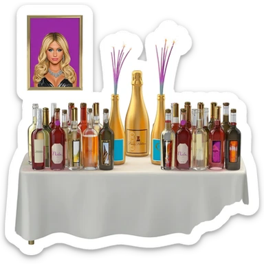 a table with dozens of magnum bottles, sparklers, and Paris Hilton sticker