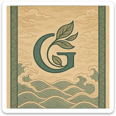 logo featuring the letter G with stylized leaves, elegant Japanese-inspired design, traditional ukiyo-e background with waves or clouds sticker