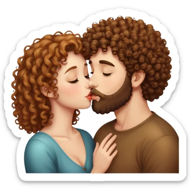 curly haired girl kissing a man with a beard, romantic couple kiss sticker