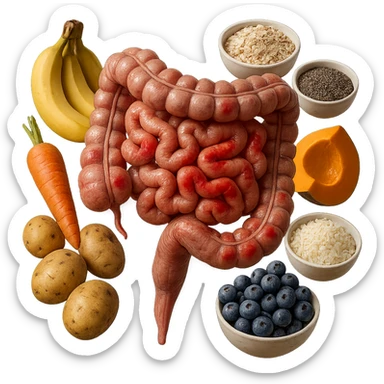 intestino umano anatomico infiammato con carota, bowl di avena, mirtilli, bowl di semi di chia, patate, banane, zucca, bowl di riso che gli fluttuano dietro, iperrealistico 4k sticker