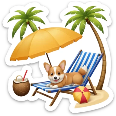 a corgi dog laied on a beach chair, a sunny beach, a sun umbrella, and beach coconut trees. the icon should capture the essence of a relaxing beach vacation with a carefree atmosphere sticker