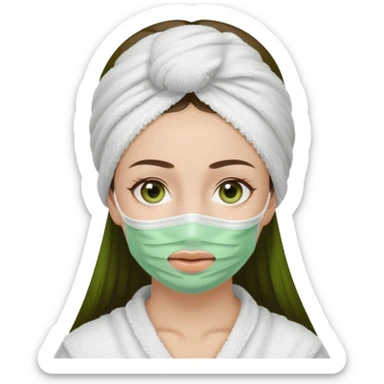 Girl with a white towel on head and green facemask, showing a little brunette hair above forehead sticker