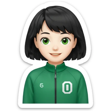 Sae-byeok from Squid Game, black wavy bob haircut with short fringe, green tracksuit, number 067 on chest, stylized emoji sticker