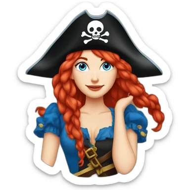 Woman long red platted hair hanging down to left, pirate hat. One side of head has no hair. Blue eyes. skull and crossbones t shirt sticker