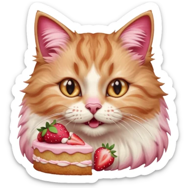 Close-up portrait of a fluffy cat eating a strawberry cake, pink cream on its nose and whiskers, detailed fur texture, soft natural light, shallow depth of field, high resolution, cute and candid moment
 sticker