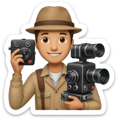 man single large film Camera ,on his shoulder sticker