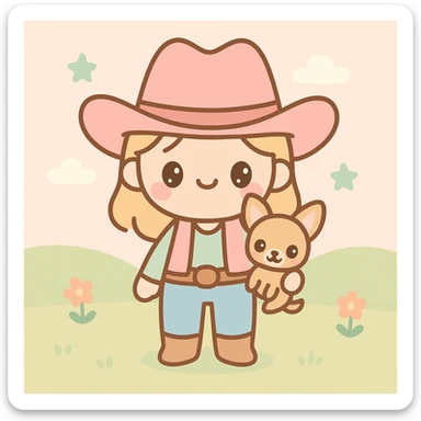 femme cowboy avec son chihuahua, style kawaii, arrière-plan prairie sticker