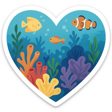 heart with an underwater coral reef theme, clean digital illustration, no background sticker