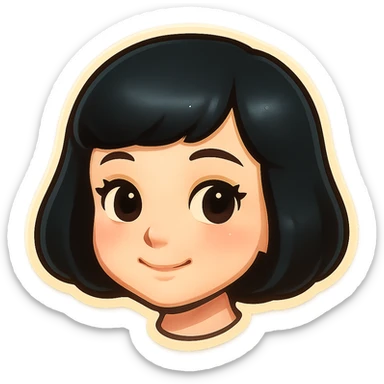 very cute young girl with pale skin, black bob haircut, light makeup, big kind eyes, soft smile, Telegram sticker style, head only without neck, white background sticker