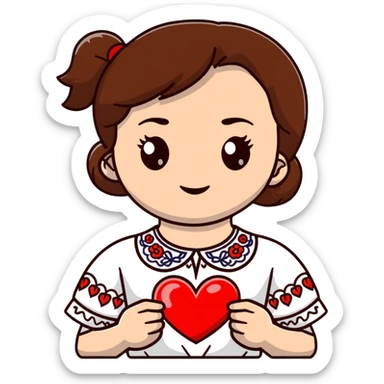 Beautiful young girl with brown hair in a white Ukrainian embroidered shirt holding a large embroidered heart sticker