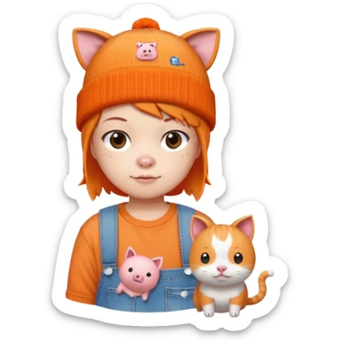 a colorful beanie, orange shirt with a cartoon pig and Japanese text, denim shorts, and accompanied by a small pixelated orange cat.  sticker