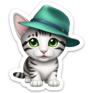 wearing-a-hat-cuddly-light-white-and-grey-domestic-shorthair-tabby-with-green-and-blue-eyes-black-pupils,-walking-and-playing sticker