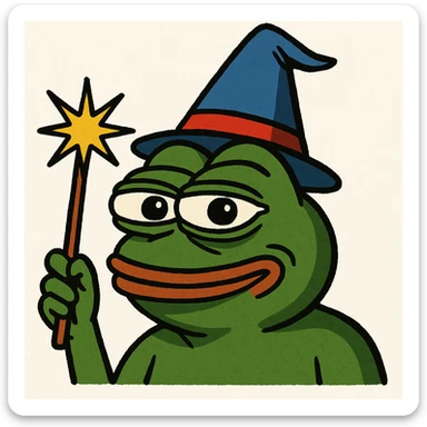 Pepe the Frog with a wizard hat and magic wand, meme style sticker