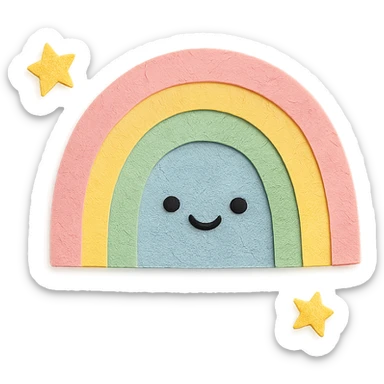 cute gentle rainbow arc, tiny star companions, soft pastel palette, no arms or legs, full body, paper craft style sticker