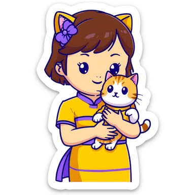 girl with brown hair and bangs wearing yellow qipao with gray tabby cat sticker