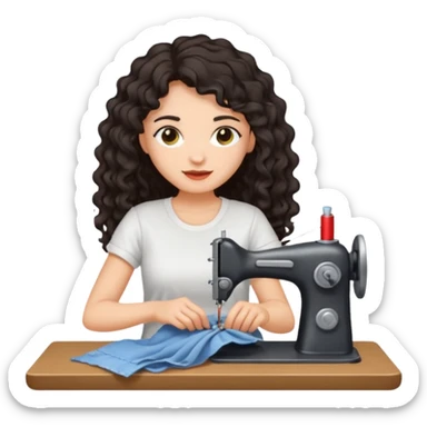 a woman with long curly dark hair sewing clothes wearing a white t shirt sticker