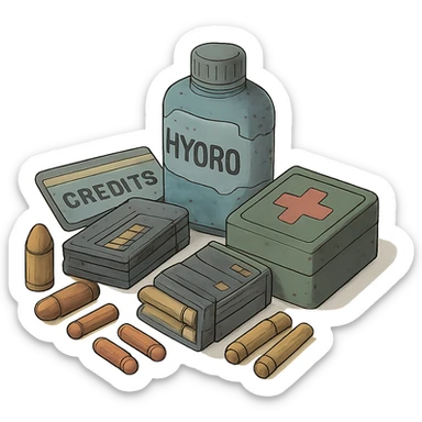 the image is the icon for a videogame  item. futuristic cyberpunk -ready to equip- it is master craftsmanship [ unequipped item ]
It is a pile of miscilaneous loot, some ammunition, credits, first-aid, and a hydrator, neatly bunched together, isometric view, orthographic sticker