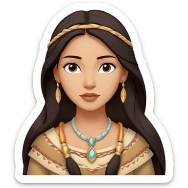 Cinematic Timeless Pocahontas Portrait Emoji, rendered in a realistic, vector style. Depict Pocahontas with warm, glowing skin, naturally flowing dark hair, and a serene, gentle expression, wearing traditional garments in muted earth tones. The design features bold, clean proportions, a soft, inviting glow, and a subtle glowing outline that captures her enduring natural beauty. sticker