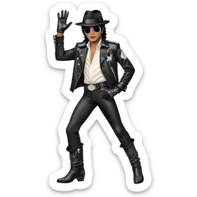Icon for R&B Music: Michael Jackson on stage in full body, wearing his iconic concert costume—black leather jacket, sequined glove, fedora, and boots. He strikes a powerful pose, embodying the energy of R&B music. Transparent background. sticker