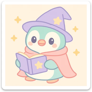 chubby penguin with a wizard hat and cloak, holding an open spellbook, charming and friendly style sticker