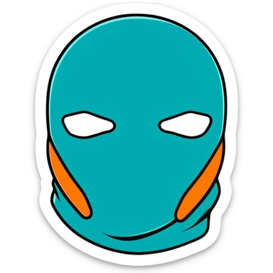teal and orange ski mask with loving face sticker