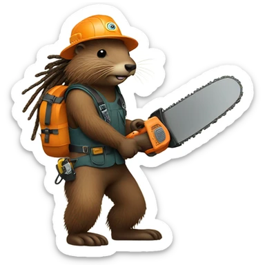 Beaver with dreadlocks in climbing gear with a chainsaw  sticker
