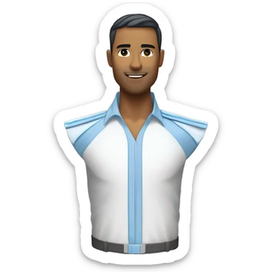 Corps complet chemise blanche ou bleu clair, sans cravate, avec les manches retroussées éléments visuels futuristes comme des lignes LED sur le costumers sticker