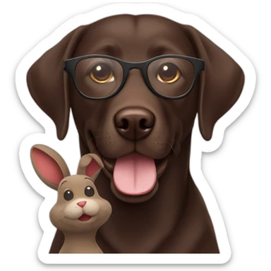 dark brown labrador with glasses smiling and a stuffed rabbit in mouth sticker