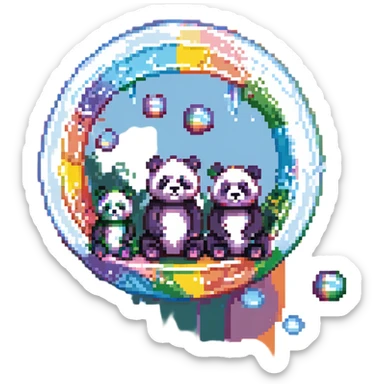 Cinematic still pandas bears sitting inside bubbles flying around San Francisco downtown, sunny summer day, happy vibe, colorfull surround, rainbow sticker