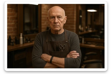 huddi shu odamni qariroq va soch soqolsiz tasvirlab ber o'zgartirib realistik qilib orqa fon sartaroshxona belidan sal pastroqqacha  sticker