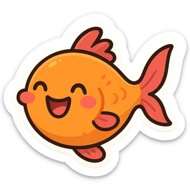 Create a cutesy fish with a happy expression in a cartoonish sticker style. Focus on a joyful and adorable look with bright colors and simple shapes. sticker