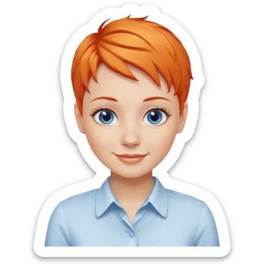27 year old white woman, orange hair, pixie cut, blue eyes,  wearing a white blouse sticker