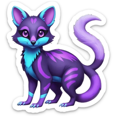 Obsidian-onyx-black and glowing neon-purple, shiny blind eyes, magical fantasy-Genet-Sentret-Marsupial-Possum-Vernid-Sergal-Fakémon-hybrid, by LiLaiRa-griffsnuff, full body sticker