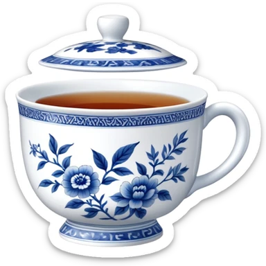 traditional Chinese tea cup with blue and white porcelain design sticker