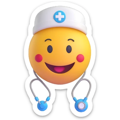 3D smiley emoji, round shape, wearing a medical cap and stethoscope, smiling face sticker