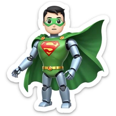 robot with green superman cape and a X in the chest sticker