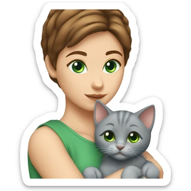 blue eyes grey kitten hugging brown short hair green eyes woman sticker
