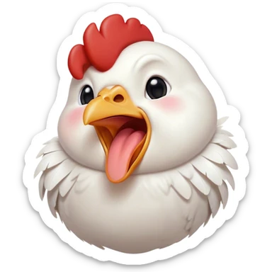 Cinematic Cute Yawning White Chicken Portrait Emoji, Head tilted slightly with a dramatic, wide-open yawn, showcasing a soft, fluffy white plumage with a crisp red comb and drooping wings, round beady eyes barely open in drowsy contentment, Simplified yet irresistibly adorable features, highly detailed, glowing with a soft, cozy glow, high shine, relaxed yet expressive, stylized with a touch of whimsy, bright and endearing, soft glowing outline, capturing the essence of a sleepy yet affectionate chicken, so drowsy it feels like it could stretch out of the screen and curl up for a nap! sticker