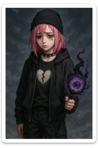 Change the character's facial expression to depressed with downcast eyes, a somber mouth, and a sense of sadness. Keep the small heart tattoo under her left eye. She is wearing a modern streetwear outfit in emo style, with pink hair, a dark magical accessory, sparkles, and a stormy background. Render this in a realistic anime style. sticker