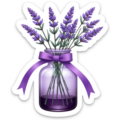 A vintage glass bottle, filled with delicate lavender stems in varying shades of soft lilac and deep aubergine, is adorned with a hand-dyed violet ribbon tied into a gentle bow. The light filters through the dusty glass, casting shadows of lavender sprigs onto the lace-covered surface, as if capturing a fleeting moment of serenity.






 sticker