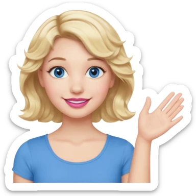 Girl Blonde short wavy hair,  blue eyes, cute blue top, long lashes, pink lips, smiling, one hand 🤷🏼‍♀️  sticker