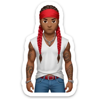 Samoan male with loose fitting white t-shirt. Red bandana. Red jeans. long braided hair, very muscular, tattoos. street culture clothing. Tough and menacing. Gangster locs. sticker