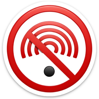Minimalist “No Wi-Fi” icon, flat vector style on white background. A clean black Wi-Fi signal symbol inside a bold red circle with a diagonal clearly shows no internet connection or poor connection. No text, shadows, or extra details sticker