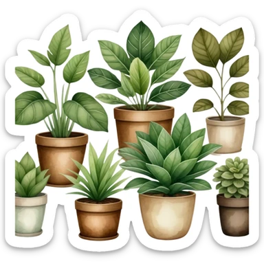 A vintage-inspired botanical watercolor of assorted houseplants, arranged harmoniously with muted tones and natural textures. sticker