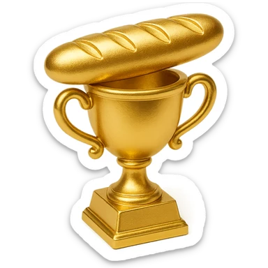 a trophy with a baguette on top, classic trophy base, gold, playful style sticker