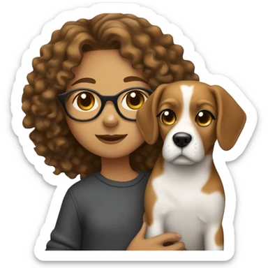 A curly-haired girl with glasses holds a beagle dog sticker