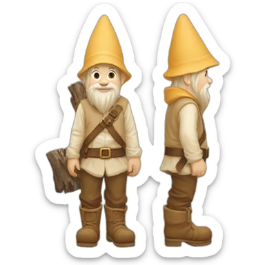 side view of gnome with light tan pants and light tan boots squatting in front of small brown log sticker