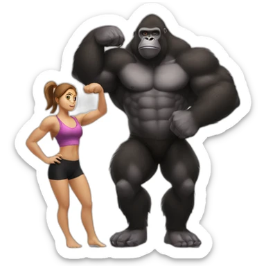 Big buff Gorilla holding a beautiful girl with a big back doing exercises sticker