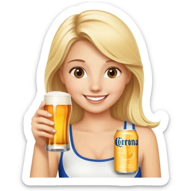happy blonde girl with corona beer sticker