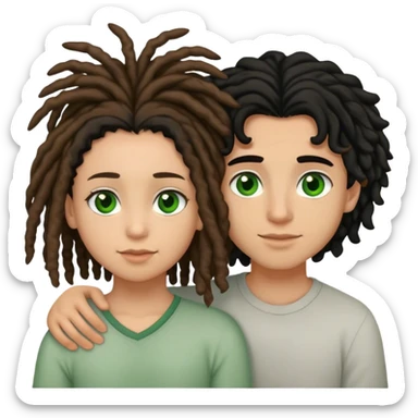 couple holding eachother. the boy is light skinned, short brown dreads, and green eyes. the girl is light skinned, curly black hair, and brown eyes sticker